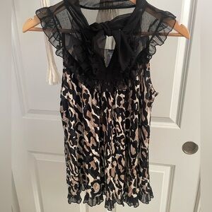 VINTAGE 1990s-Y2K Tank Blouse Top - Leopard Print with Black Ruffle Trim & Bow M